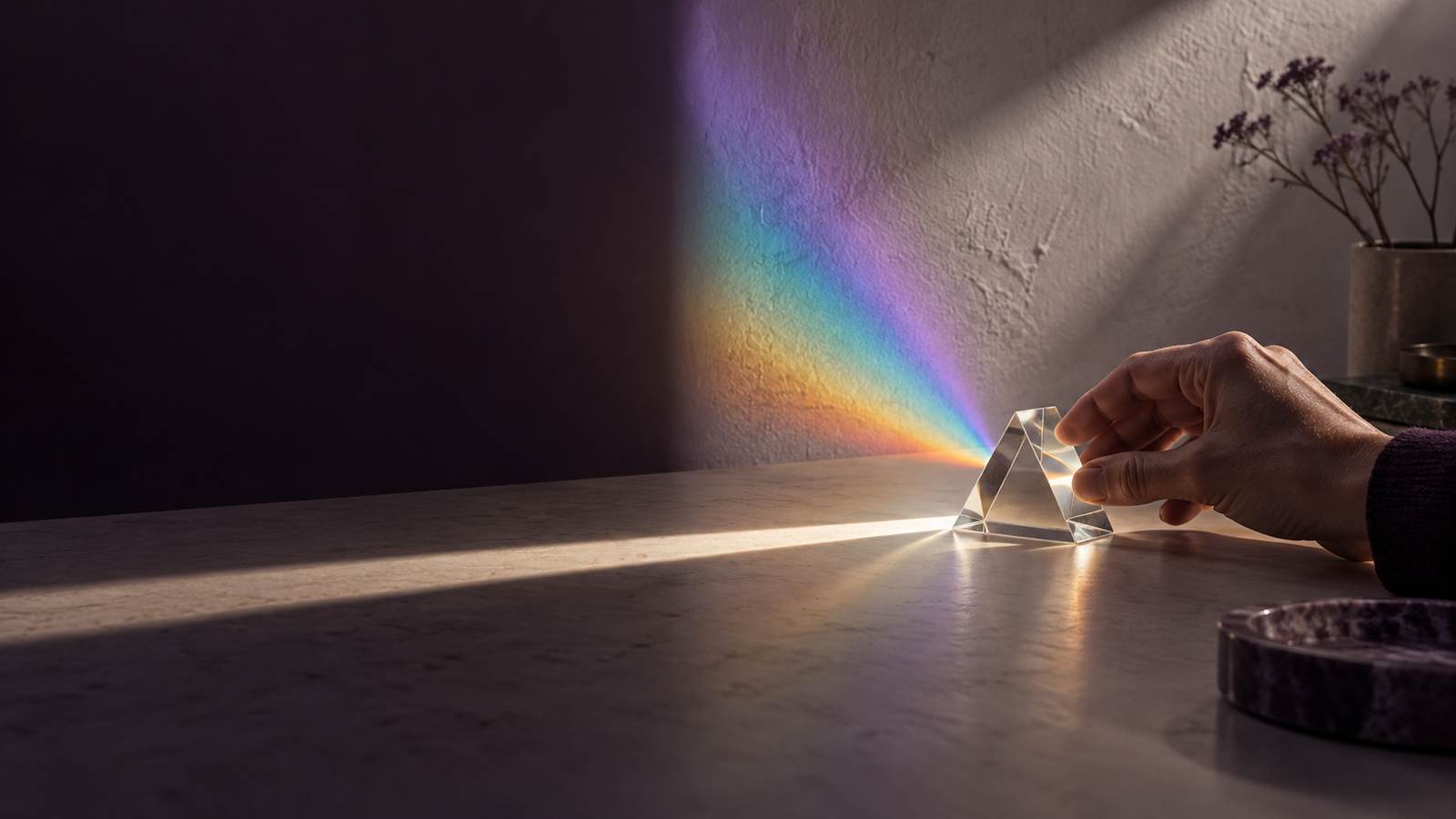 Prismatic light crossing a clean architectural surface
